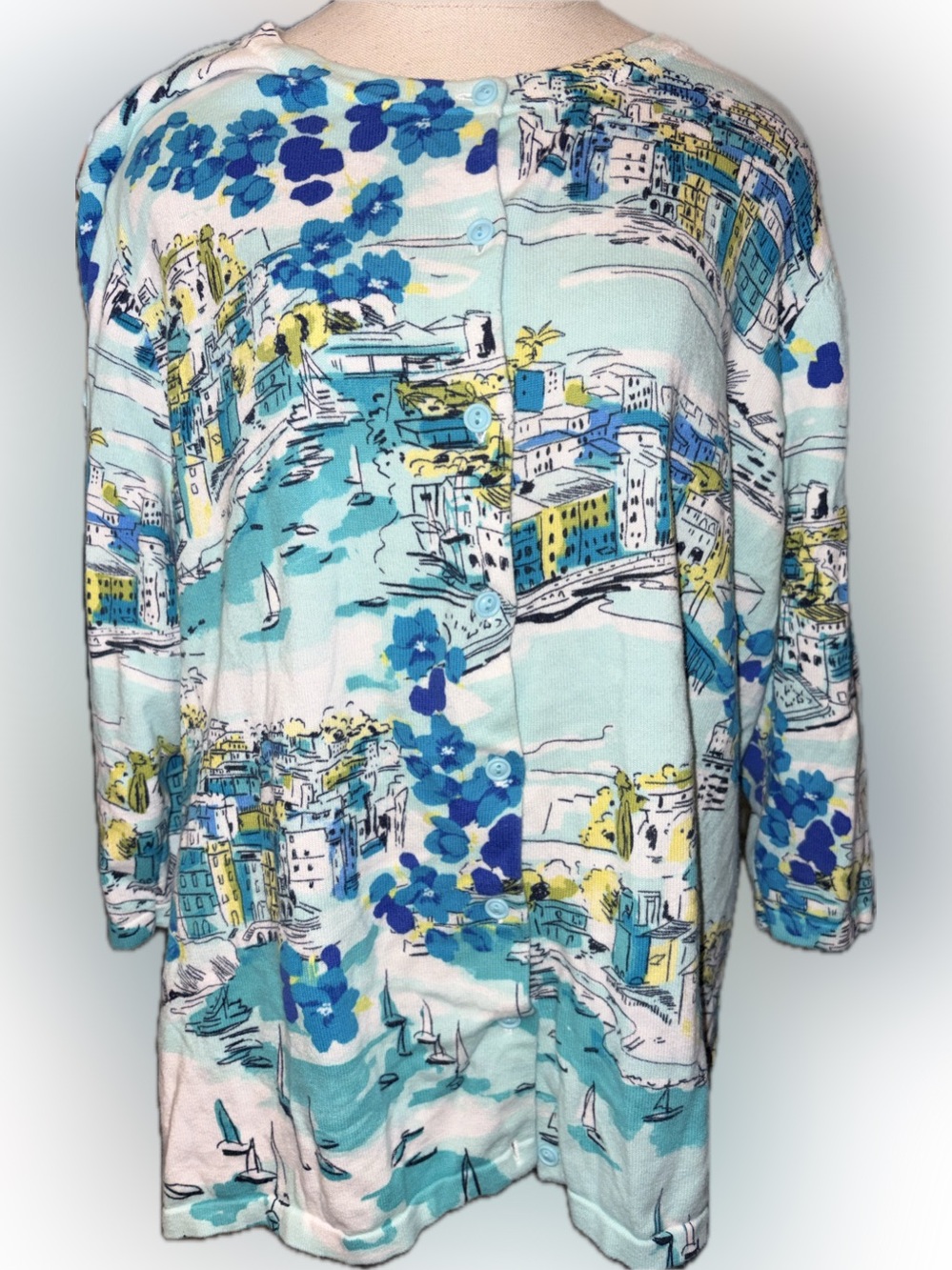 CJ Banks Aqua Coastal Print Button-Back Shirt with Blue and Yellow Accents